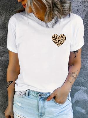 Women's Casual Leopard Print Heart Graphic T-Shirt Stretchy Round Neck Summer Top White Tee Leopard Print Design