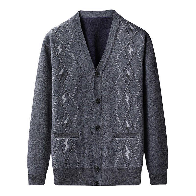 Men's Autumn-Winter Knit Cardigan: Thickened Velvet Sweater for Middle-aged and Elderly Dads and Grandpas.