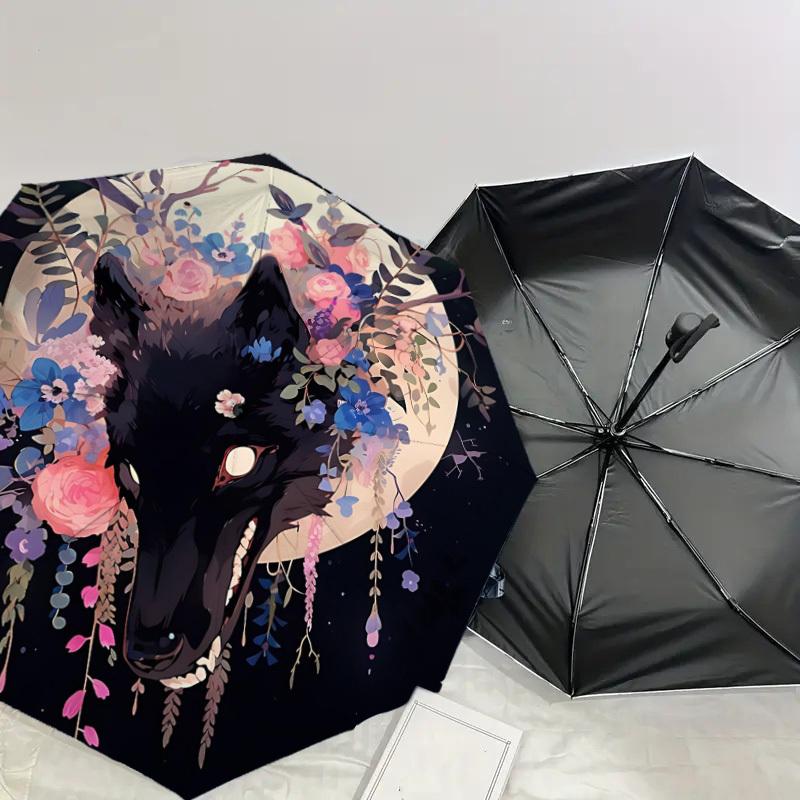 1pc Wolf Flowers Automatic Folding Umbrella 8 Rib Iron Frame, Compact Portable Umbrella Suitable for Travel, Daily Use, Birthday, Women & Men Gift 022