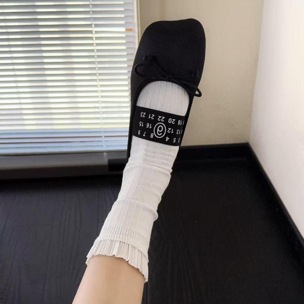 Miu Series Mary Jane Ballet Style Mid-Calf Double Needle Lace Socks for Women - Black & White, Versatile for Autumn & Spring.