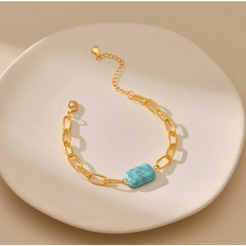 K Gold Plated Brass Square Turquoise Hollow Thick Chain Adjustable Trendy Bracelet For Women