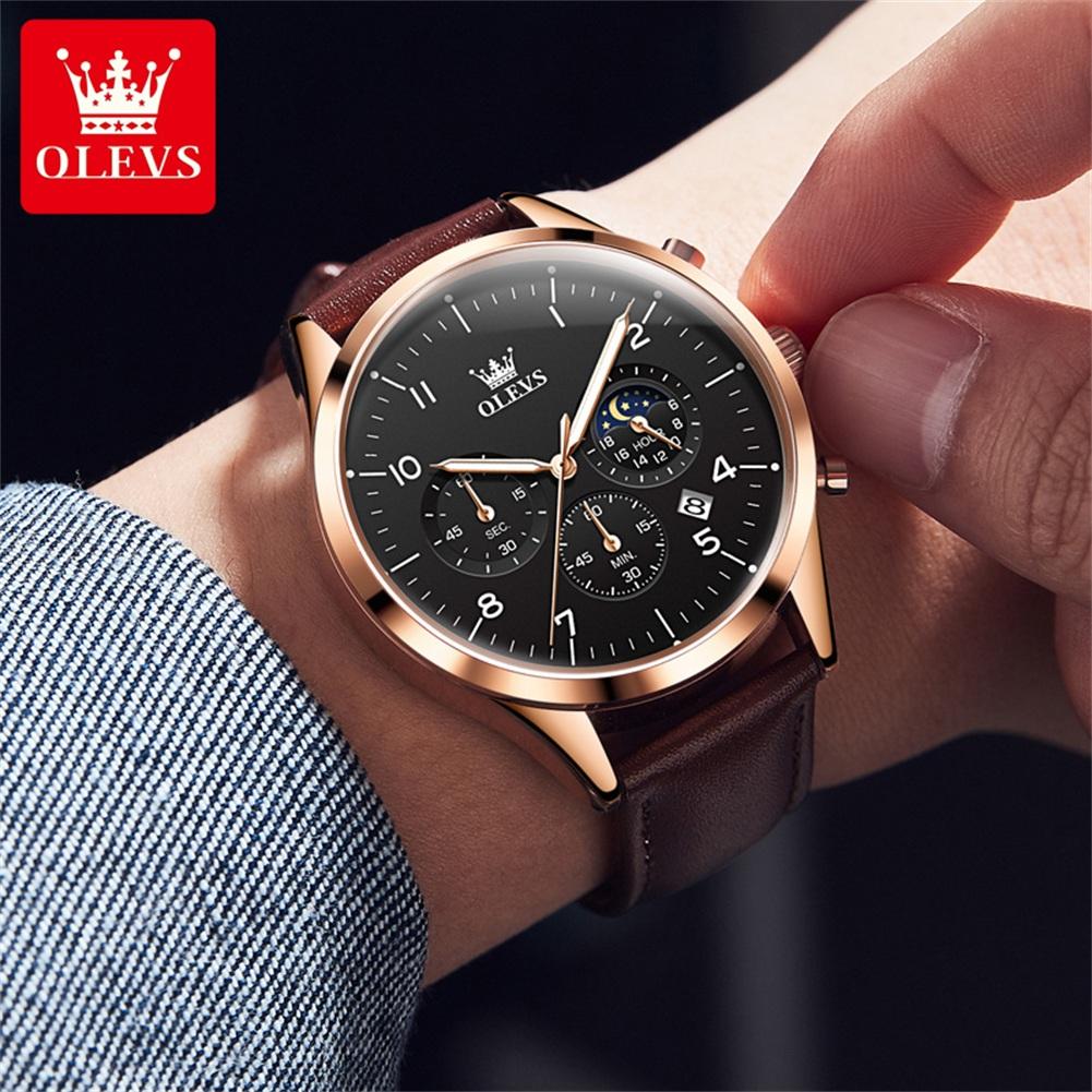 OLEVS Brand Fashion Multifunction Moon Phase Quartz Watch for Men Leather Waterproof Luminous Calendar 24 Hours Mens Watches