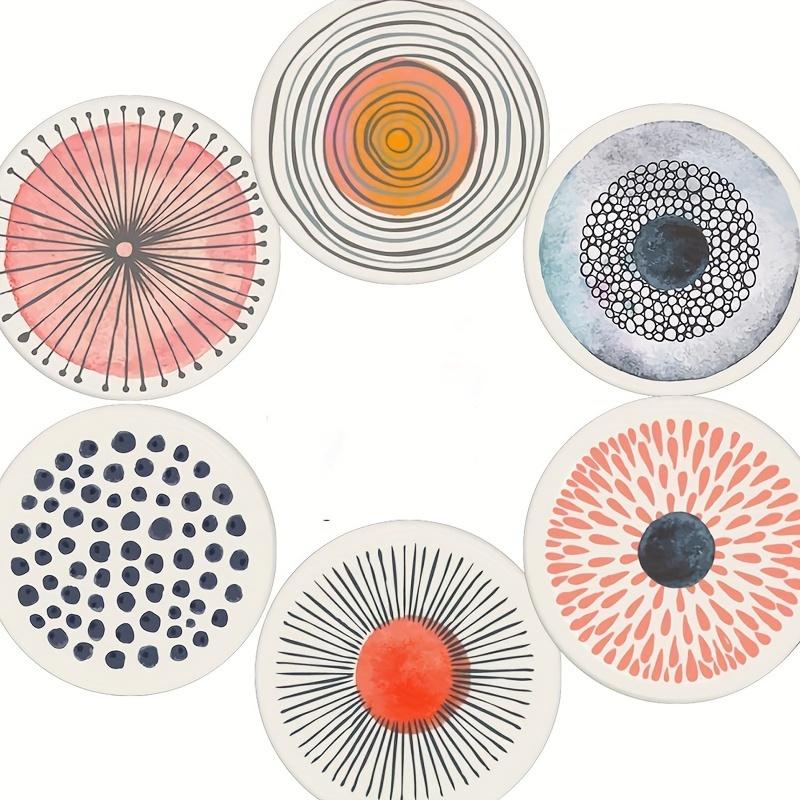 6 Pcs 4in Abstract Round Wooden Coasters Heat Resistant Non-slip Drink Cafe Decoration 2D FLat Color Print Orange Coasters Set