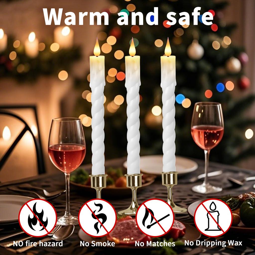 6Pcs White/Ivory Flameless Taper Candle Twisted LED Battery Operated Candlesticks With Holder for Wedding Home Party Table Decor