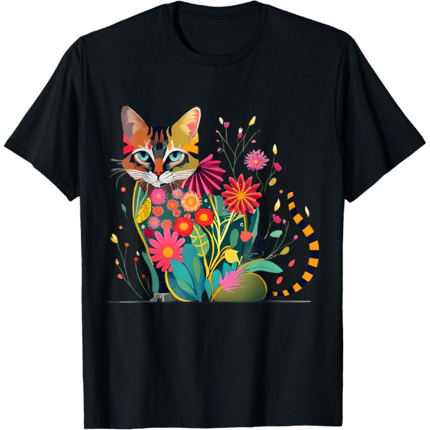 Stunning Cat in Wildflowers Cottagecore Aesthetic Cat Lover T-Shirt S