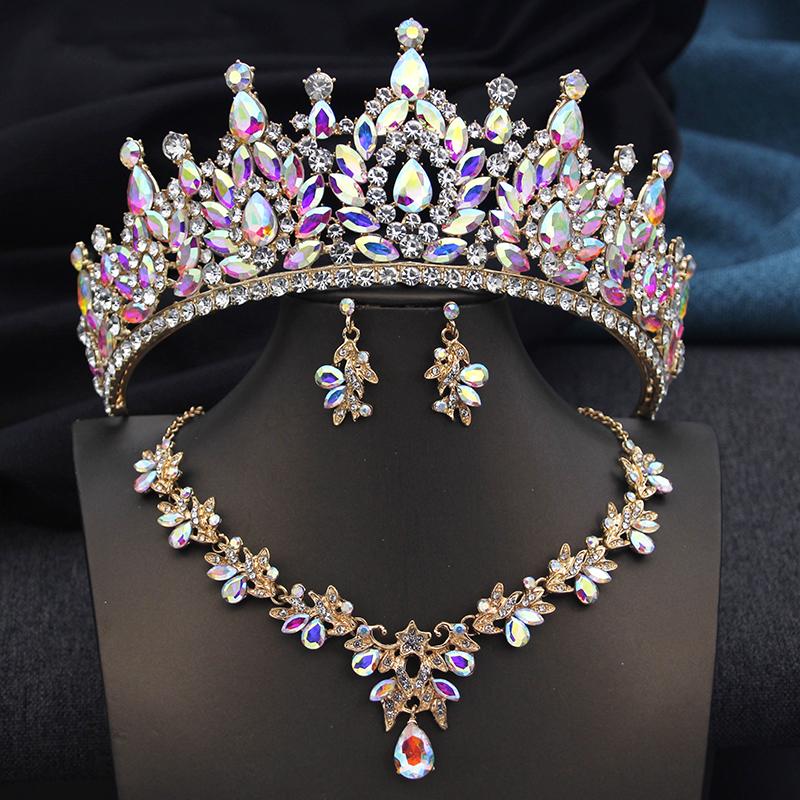 Golden AB 3 Pcs Tiaras and necklace earrings for Bridal Jewelry Sets Women Brides Wedding Crown Prom Birthday Accessories