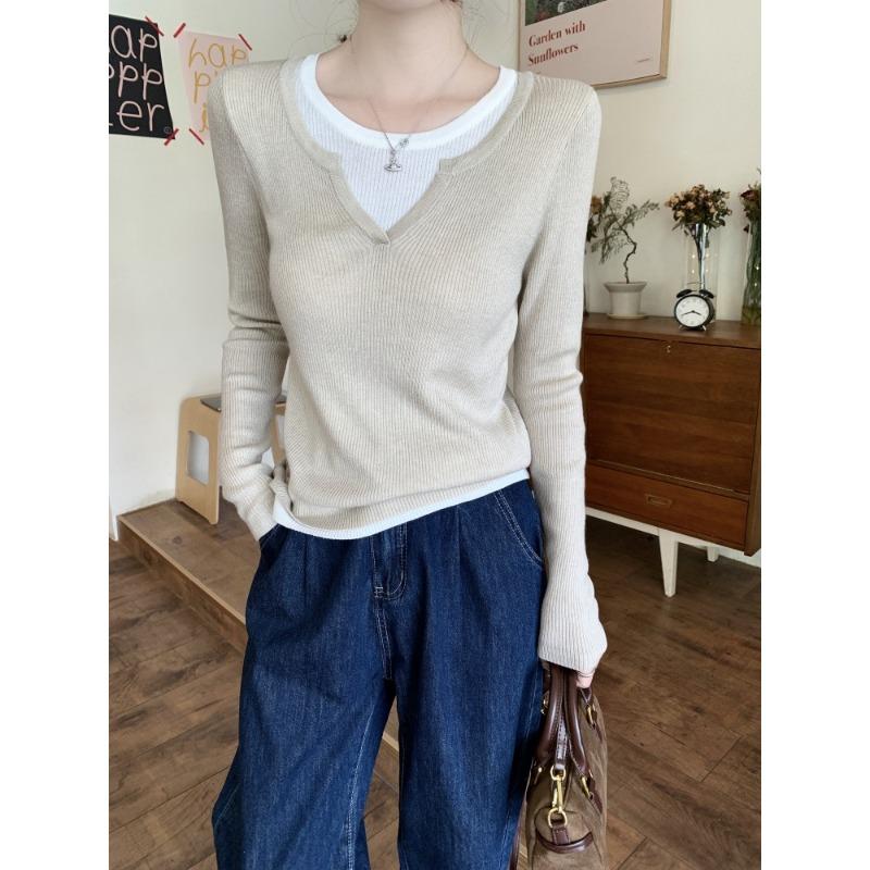 Contrasting color fake two-piece neck knitted bottoming shirt women's spring simple long-sleeved sweater lazy style top