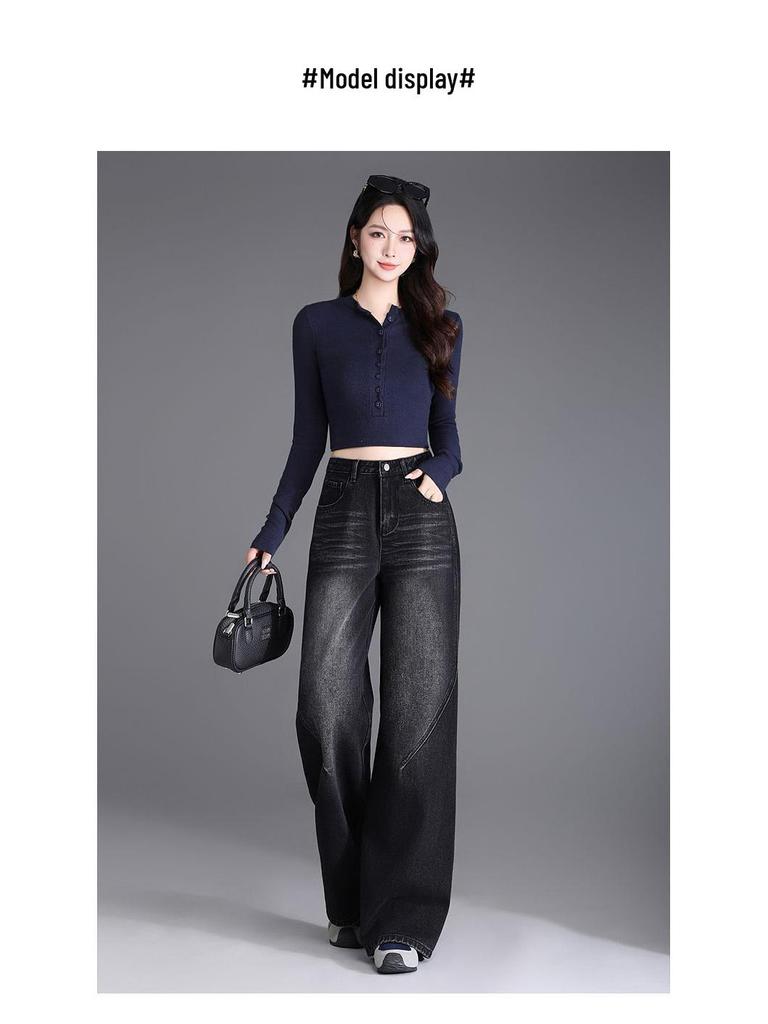 Women's High Waist Velvet Straight Leg Jeans - 2025 Trendy Narrow-Wide Pants for Autumn & Winter