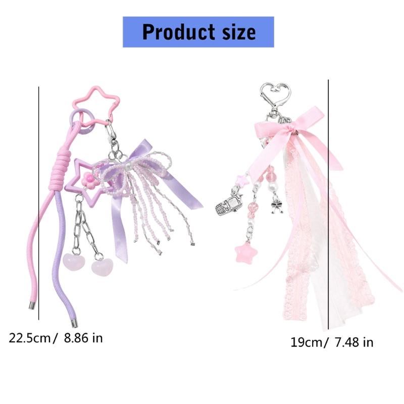 Cute Bag Charm Pendant Keyring Bowknot Heart Braided Rope Keychain Bag Charm for Backpack Purse Handbag Decoration