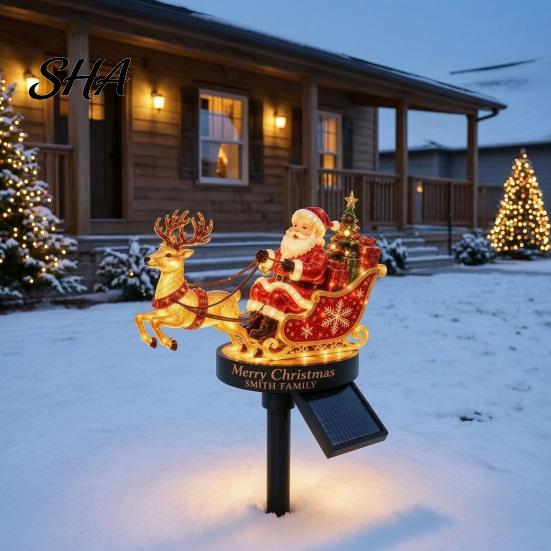 Warm White Festive Garden Lamps Santa And Reindeer Sleigh Solar Stake Light, LED Christmas Pathway Energy Saving Courtyard Decor Lamp, Powered Outdoor