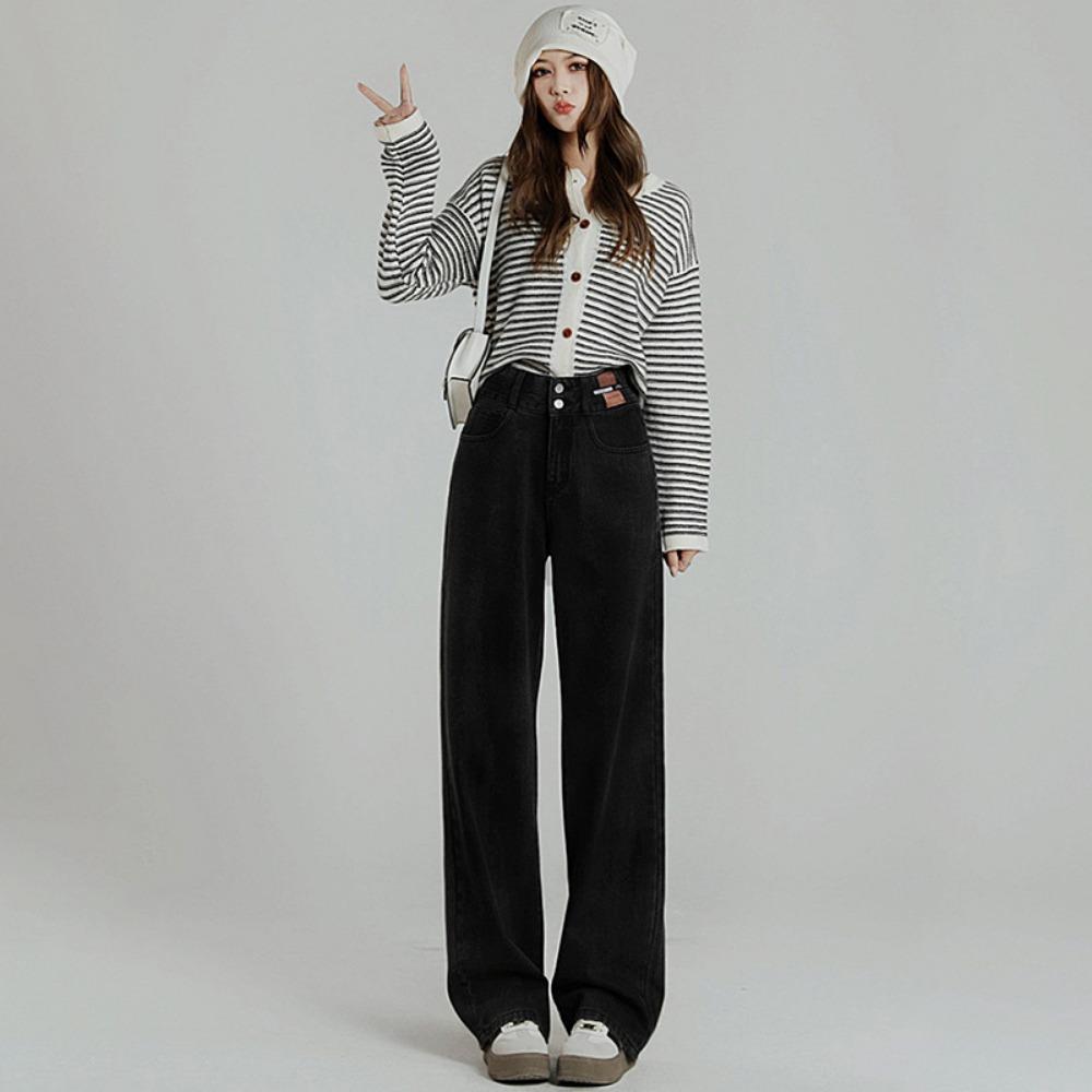 Autumn and winter 2025 double-breasted Spice Girl high-waisted jeans women's drape and thin straight-leg pants design sense niche tide