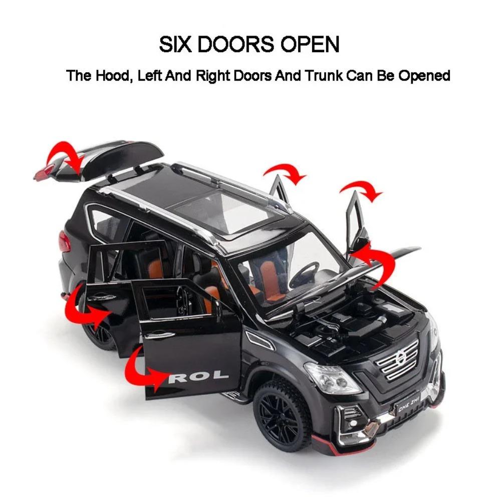 Nissan Patrol, Metall-Druckguss-Geländewagenmodell im Maßstab 1:24, Spielzeug für Jungen, Legierungsmodell mit Sportpaket, 6 Türen zum Öffnen, A303
