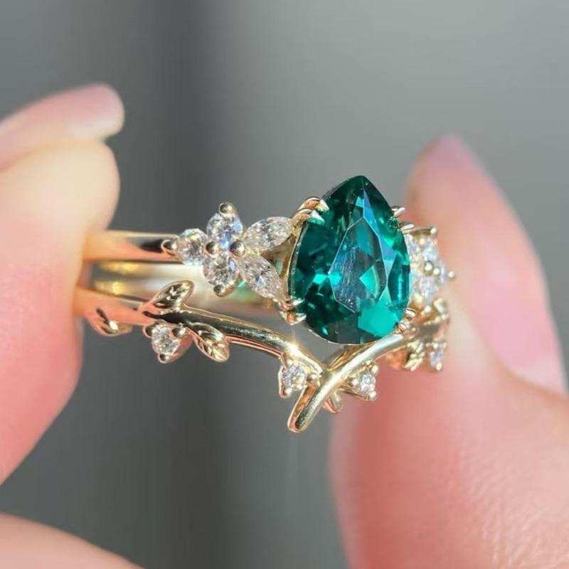 European and American new fashion flower shape green zircon inlaid luxury personalized women's ring