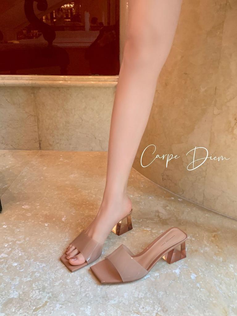 With Shoes Heng G-end Series~ Square Head Rhinestone Transparent Pvc Crystal Thick Heel Slippers Women's Sandals Outside