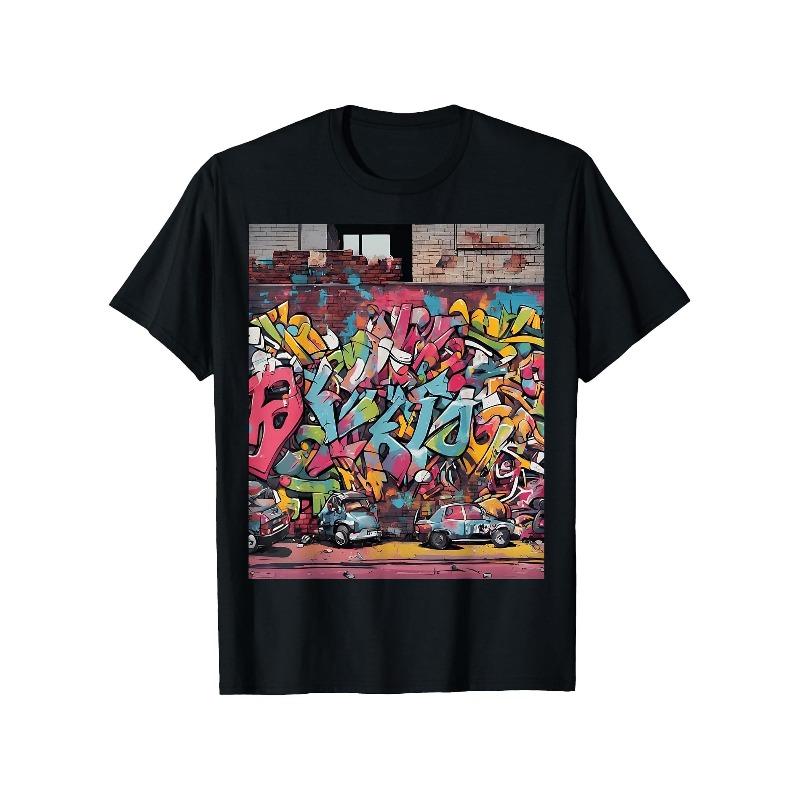 

European sizes Men S T-Shirt Featuring Dynamic Graffiti Urban Art Design | Casual Style, Crew Neck, Slight Stretch Fabric, Regular Fit, Short Sleeve 3XL чёрный