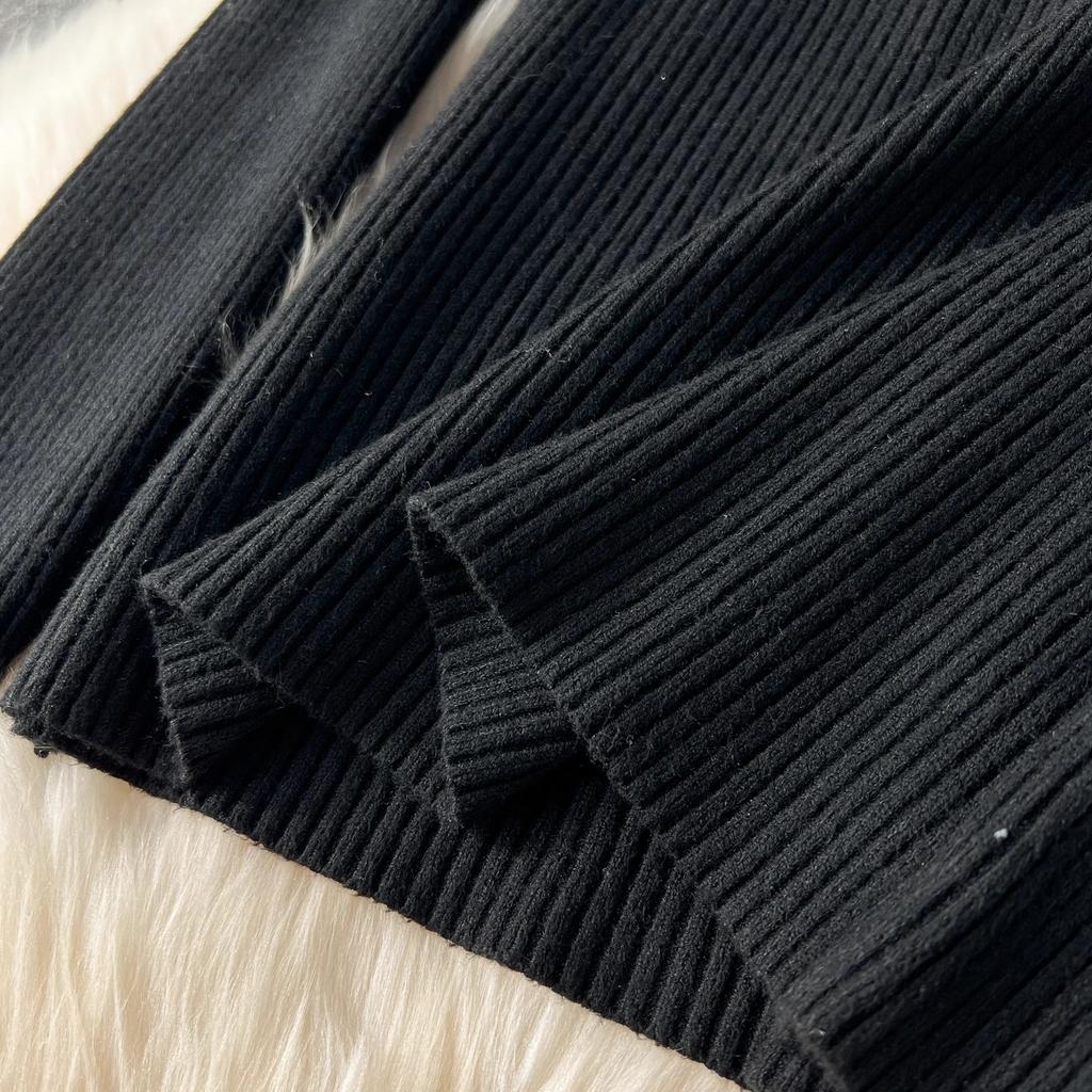 New 2024 Autumn Winter Black Knitted Sweater Tops Suits For Women Notched Collar Sleeveless Tank Double-Breasted Belt Dress Sets