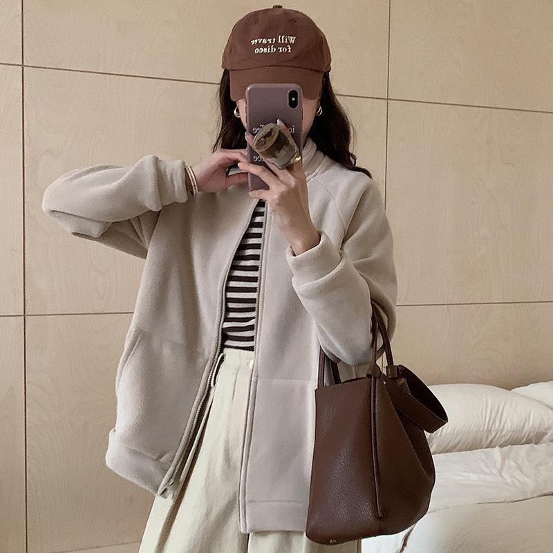 Yi Han Meng Women's Fleece Lined Zip-Up Cardigan - Warm, Korean Style Autumn/Winter Casual Sweatshirt with Stand Collar