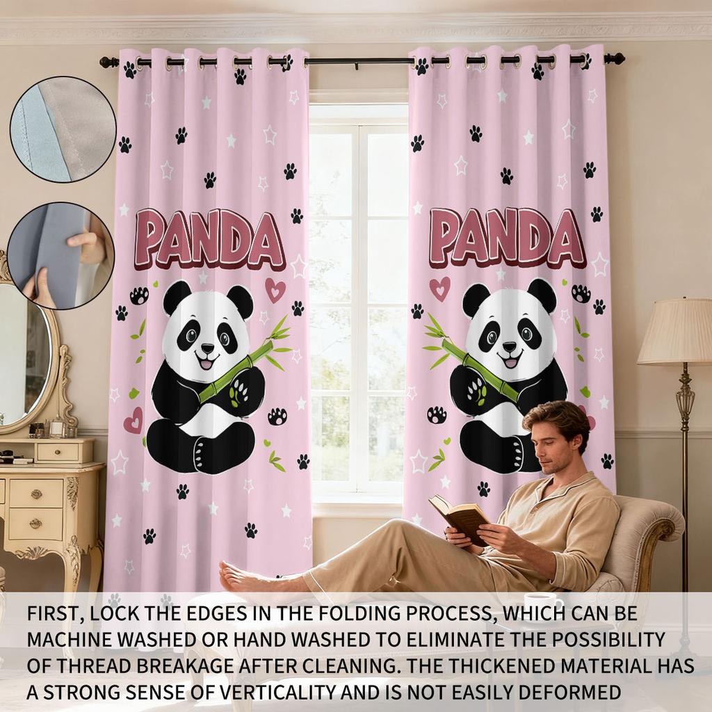 Set Of 2 Pink Heart Shaped Panda Print Perforated Curtains Multiple Sizes Living Room Insulation Decoration Easy Install Curtain Darkening Polyester
