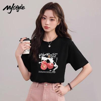 MJ STYLE Women's Black Butterfly Cherry Cotton T-Shirt