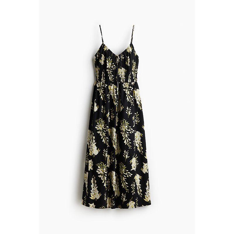 

HM Women s Clothing Dress 2025 Summer New Arrival Florals V-neck Vacation Style Plant Print Suspender Dress 1282314 Black/Florals 150/76(XXS)