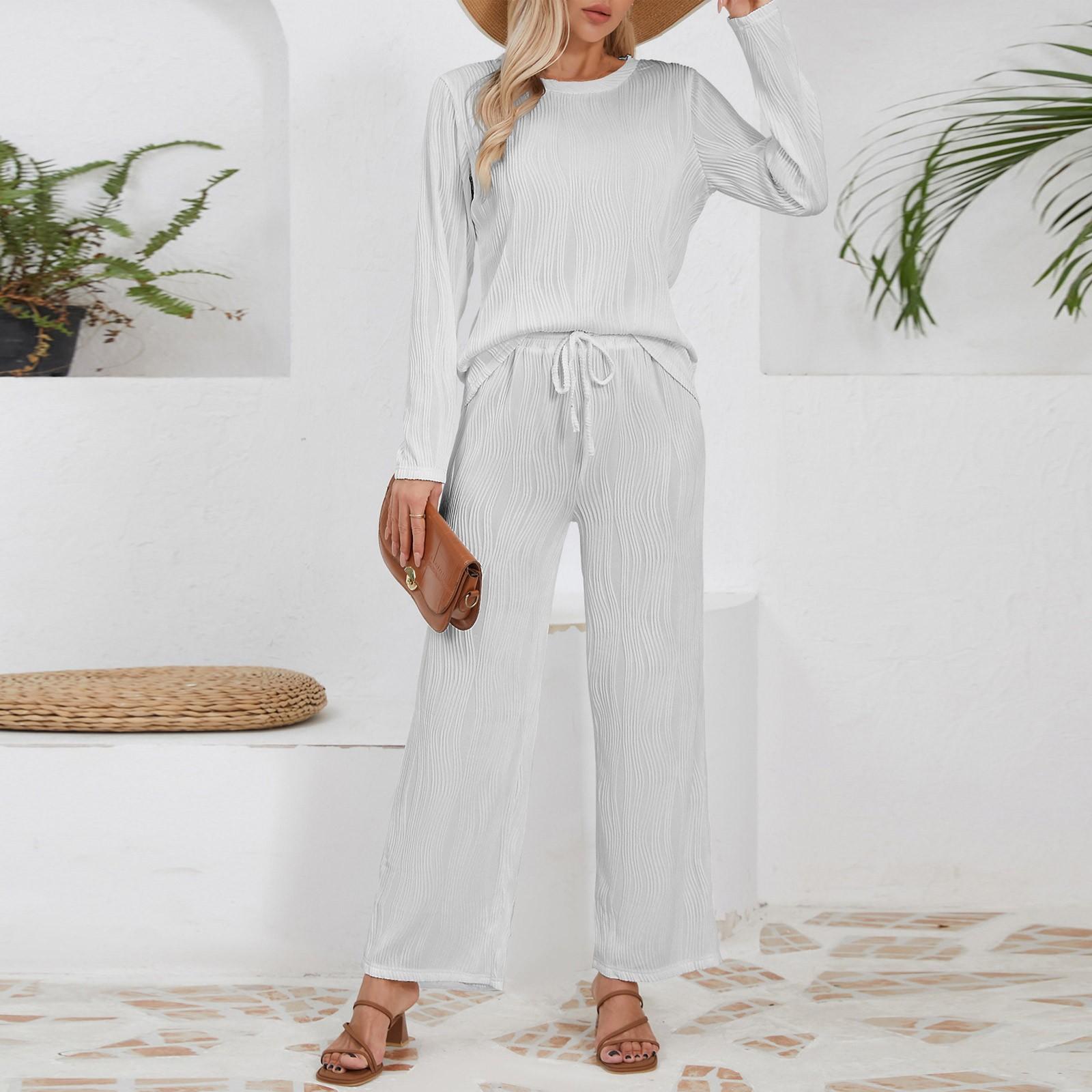 

Женские осенние комплекты из двух частей, топы с длинным рукавом, футболки, длинный удобный повседневный свободный костюм XL белый