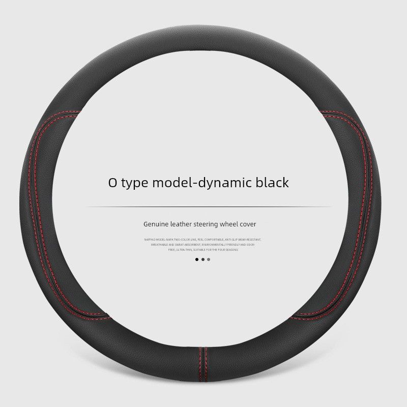 Summer Leather Car Steering Wheel Cover, Car Handlebar Cover, Nappa Leather Steering Wheel Cover, One-Piece Business Style Cowhide Universal Cover Dynamic Black (Black Red Line) 38cm