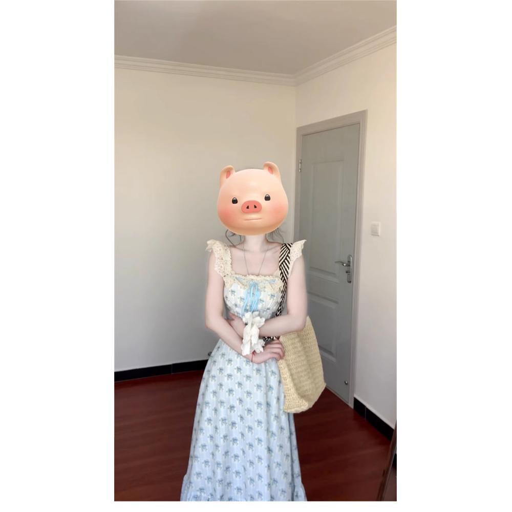 Blue floral square neck suspender dress children's summer new spring wear suit