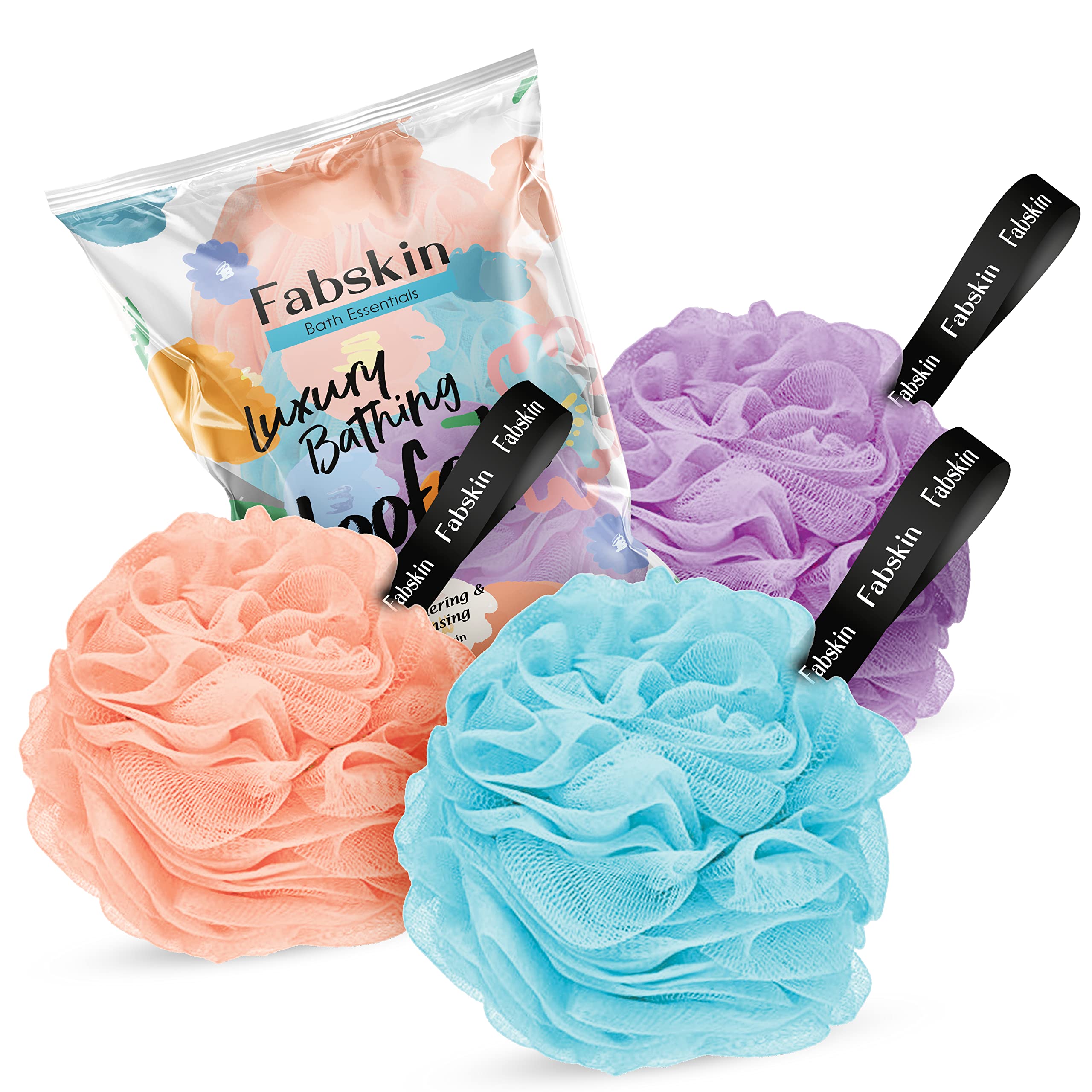 Fabskin Luxury Loofah For Bathing For Men And Women | Bath Scrubber For Body | Pack Of 3 | Peach, Blue & Purple | Foaming Loofah For Bathing | Bath