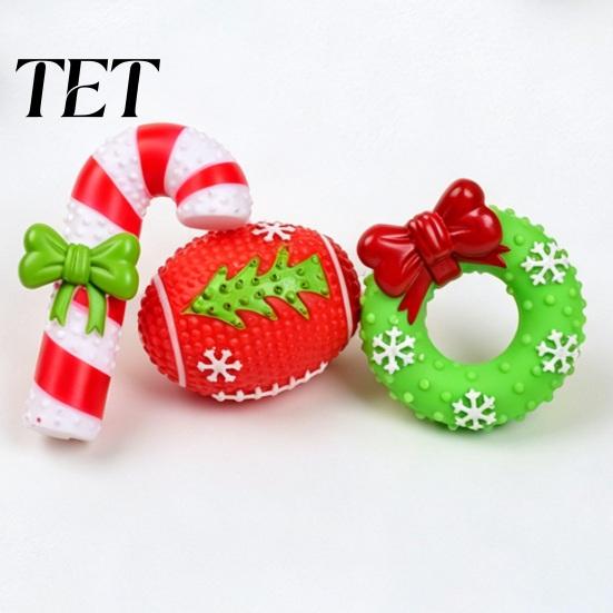 Elastic Rubber Dog Chews Christmas Squeaky Chew Toys, Teeth Cleaning Interactive Pet Holiday Themed Fetch Toys for Pets Balls with Candy Cane