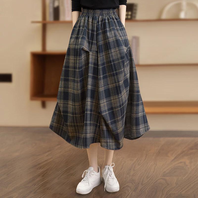 Sibaishe Women s 2026 Spring Plaid High-Waist A-Line Mid-Length Skirt M