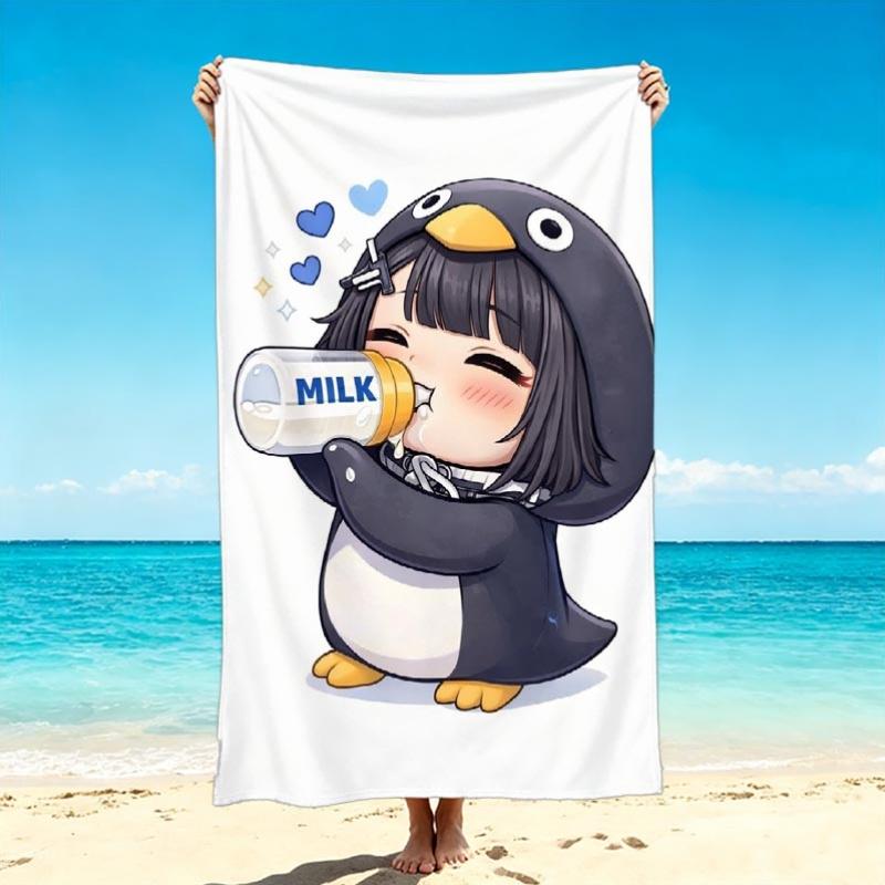 Cute Chibi Girl Penguin Costume Drinking Milk Bottle Beach Towel Microfiber Quick Dry Bath Towel For Pool Beach Travel Teen Girl