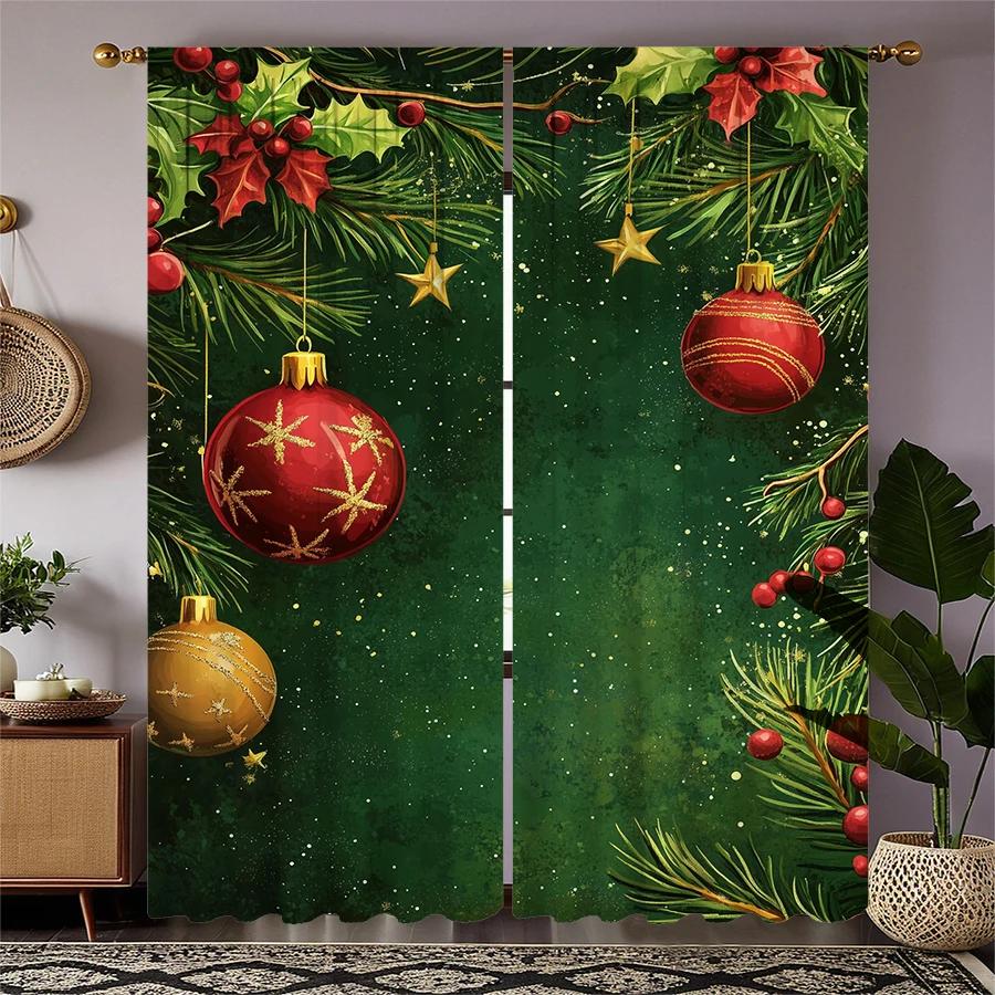 Christmas pine branch background printed curtains   pole bag curtains   Christmas decorations   home decorations   room decorations