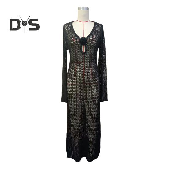 Damen Strandkleid Aushöhlen Gestrickt Rückenfrei Schnürriemen V-Ausschnitt Lockerer Kittel Überzug Langarm Sonnenschutz Lady Bikini Badeanzug Beachwear