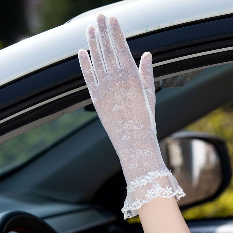 

Sun Protection Gloves Women Summer Outdoor Riding Driving Electric Car Non-Slip Touch Screen Thin UV Protection Lace Lace [05A]-White All yards