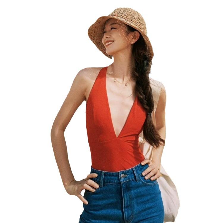 Retro Sexy Deep V Open Back Slimming Swimsuit with Padded Support