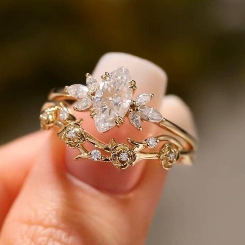 Exquisite Sparkling Droplet Shaped Inlaid Zircon Leaf Flower Ring, Suitable for Women's Banquet Party Accessories and Gifts