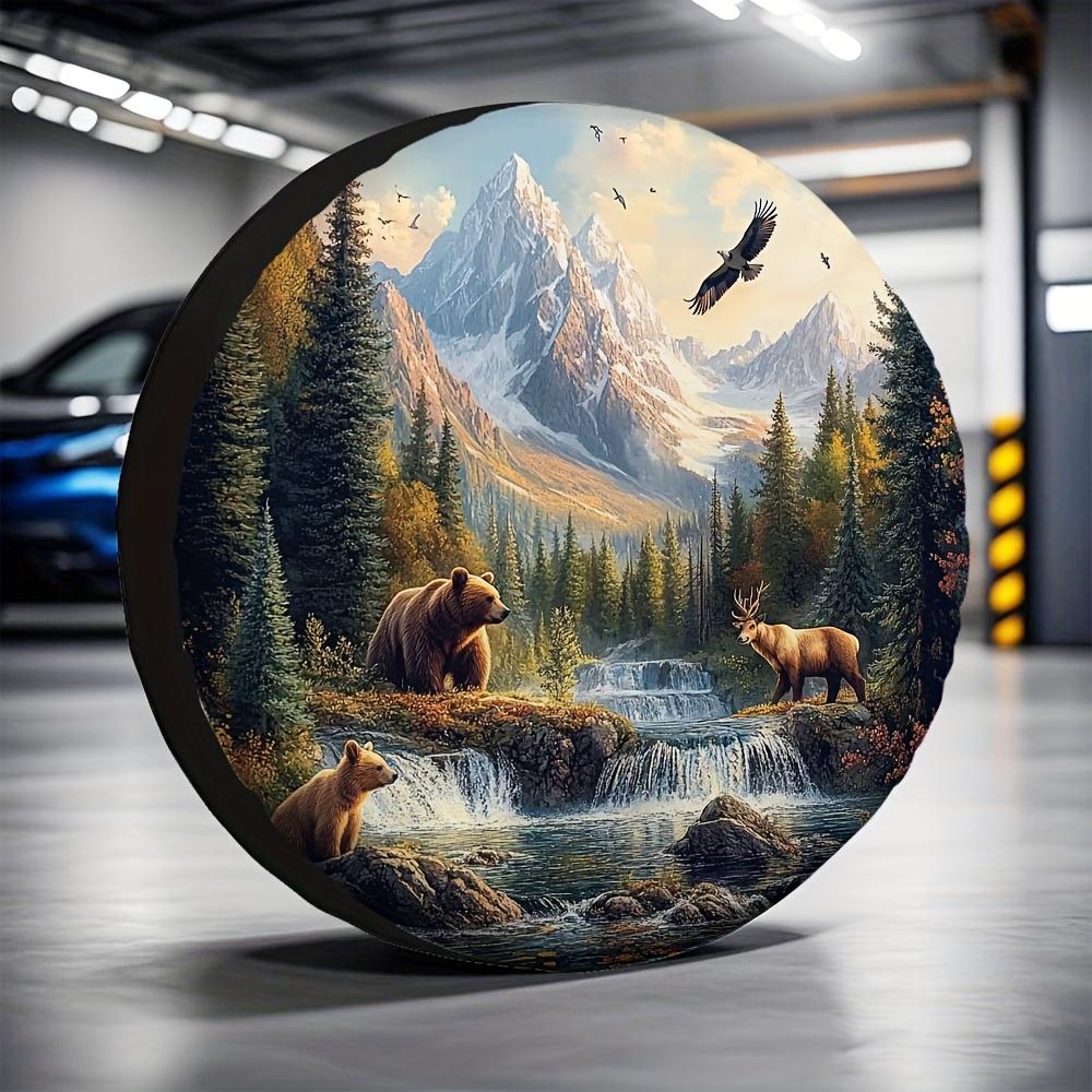 1pc Rain-Resistant Tire Covers Featuring Nature Scenes With Bears And Deer, Made From Versatile Polyester Fabric. Ideal For Trai