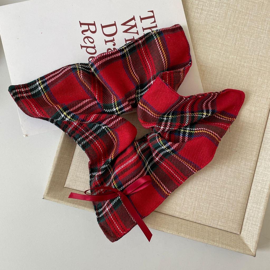 Plaid Christmas Scarf Scrunchie with Lace Edging - Red Women's Hair Tie Accessories