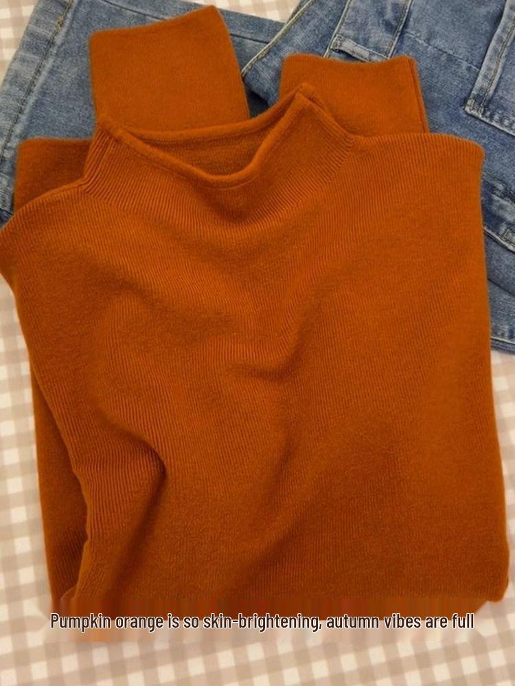 Orange Semi-High Neck Slim Fit Long Sleeve Knitted Sweater for Autumn/Winter