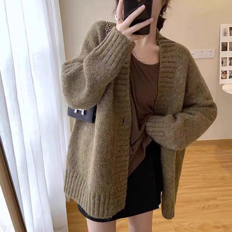 Versatile Retro Knit Cardigan - Mid-Length Solid Color for Spring and Autumn