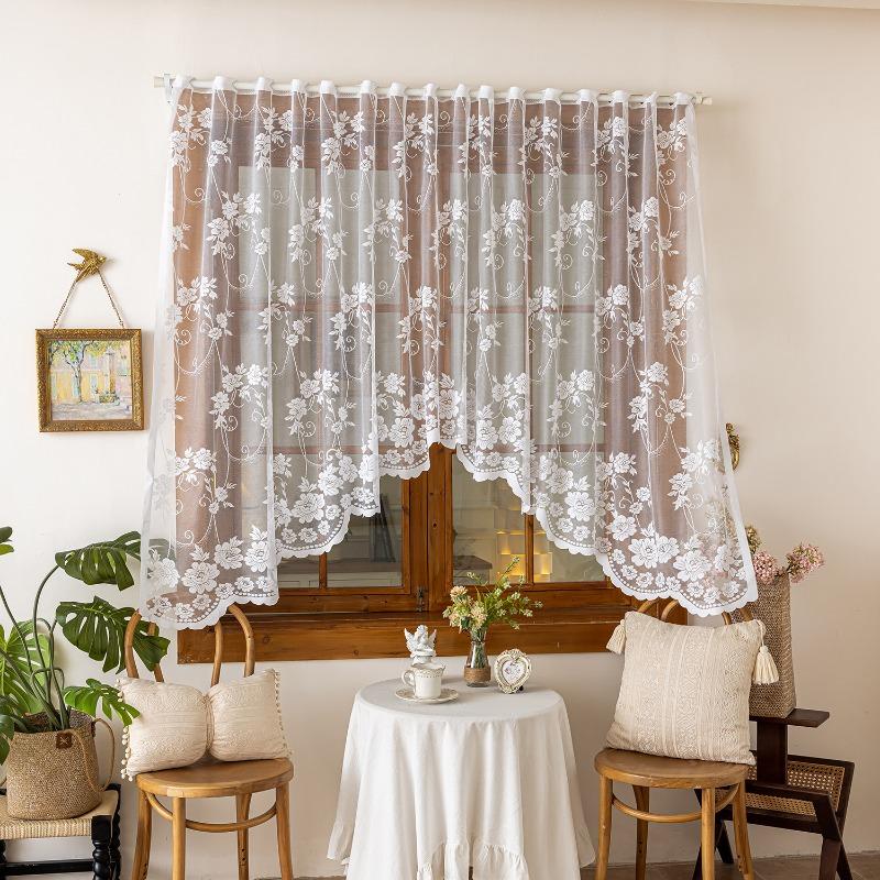 Countryside Style Sunflower Embroidery Half Curtain Kitchen and Bathroom Curtain Lace Decoration Window Sill Beautification Gauze Curtains Rodless
