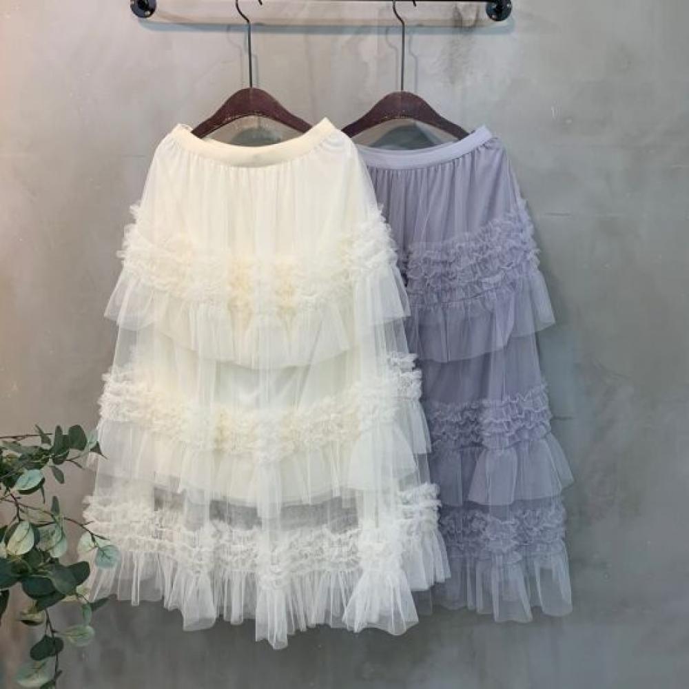 C S In The Room Rune laCe 3 Tier Ruffle Belted Long Skirt 2Color
