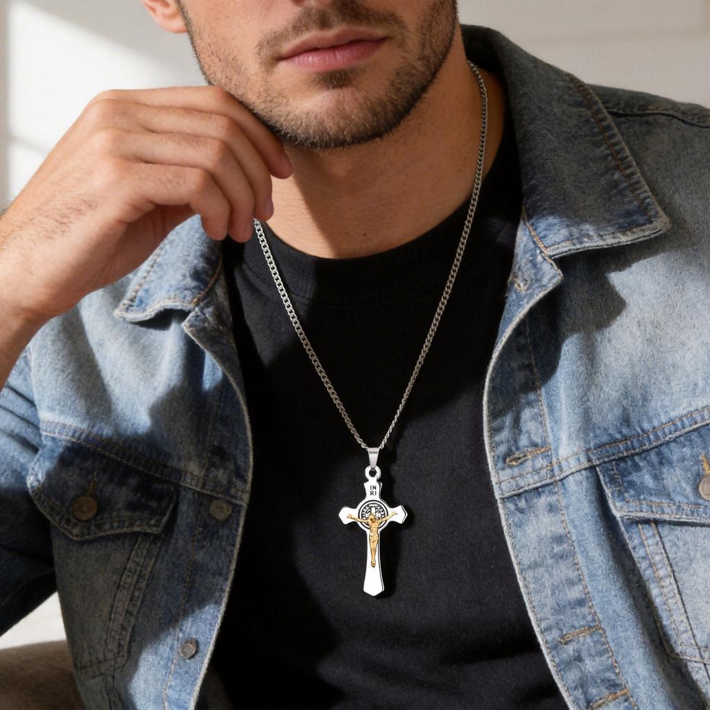 Vnox Saint Benedict Catholic Cross Pendant Necklace for Men Women, 50/60/70cm Stainless Steel Link Chain, Religious Jewelry Gift