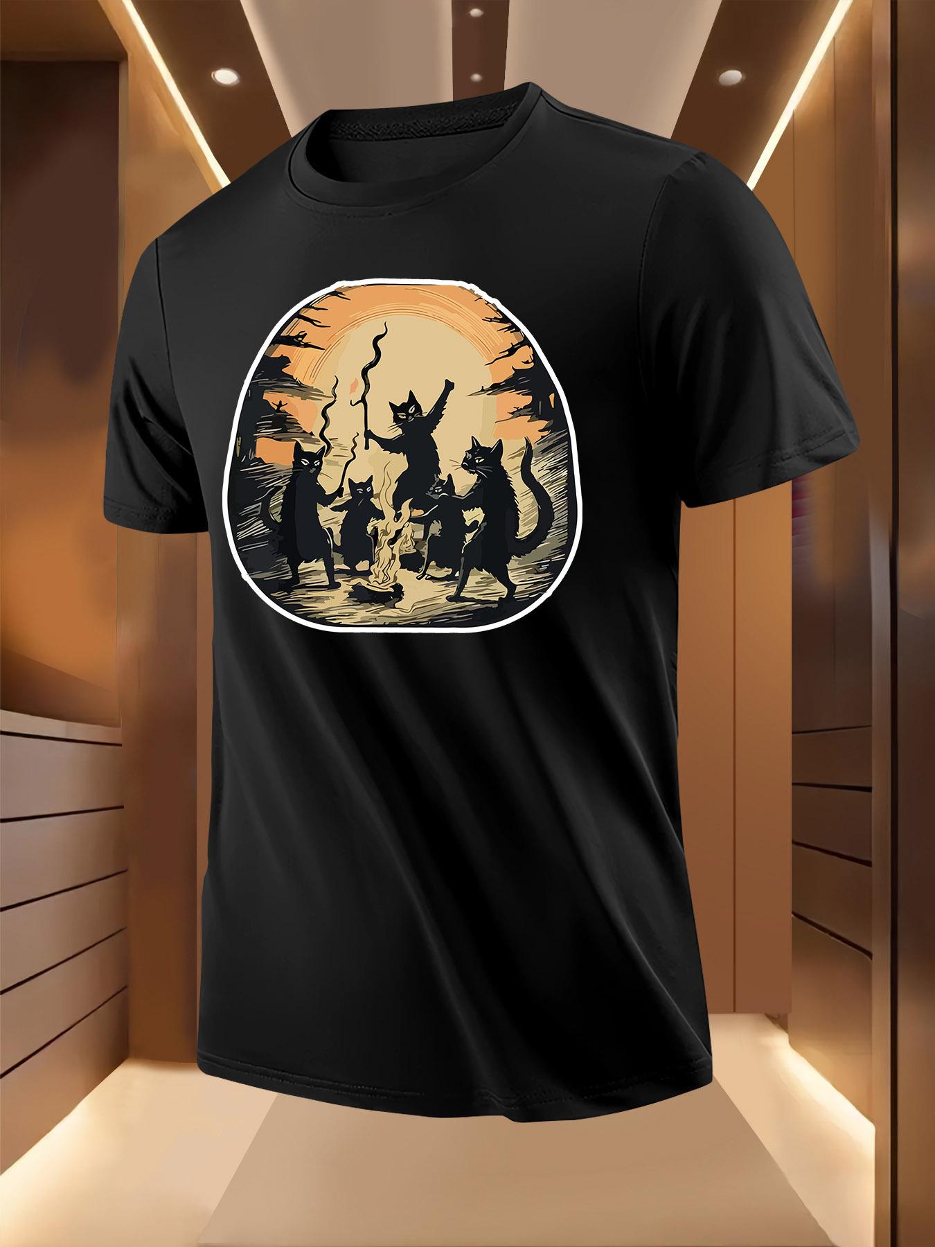 Black Cat Gathering Print Pattern Tshirt S