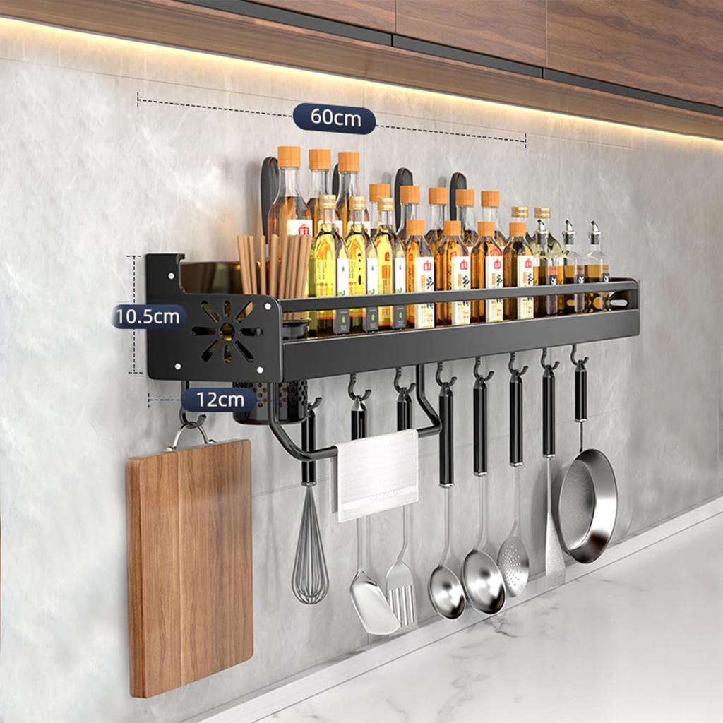 Black Wall Mounted No-Punch Large Capacity Storage Utensils Metal Kitchen Shelf Skeletonized Drainage Design Easy To Clean