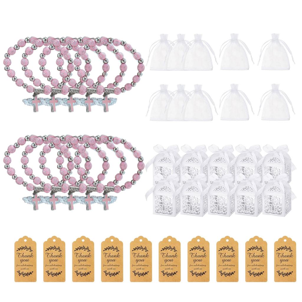 10pcs Elegant Baptism Gift Set Angel Cross Rosary Bracelet and Favor Boxes Beaded Prayer Handchain Baptism Supplies