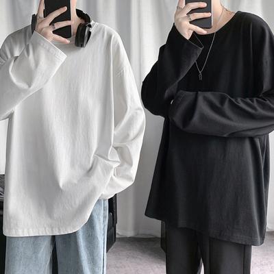 T-shirt da uomo a maniche lunghe con scollo rotondo, tinta unita, vestibilità larga, pullover caldo e morbido, taglie forti, top primaverile da uomo per la scuola