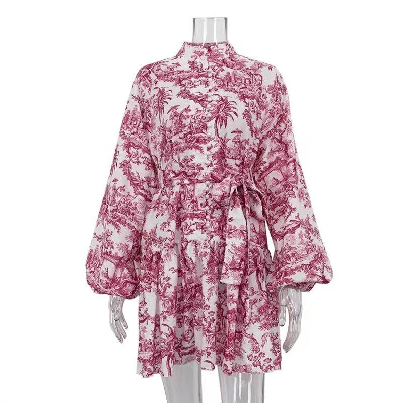 

Fashion Wind Print Puff Sleeves Stand-up Collar Tie Dress Standing Collar Printed Dress Red L