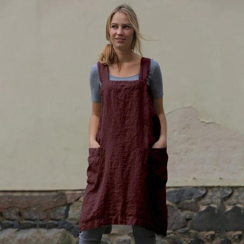 AA Japan Style Cotton Linen Aprons Solid Color Cross Bandage X Shape Back Kitchen Cooking Clothes