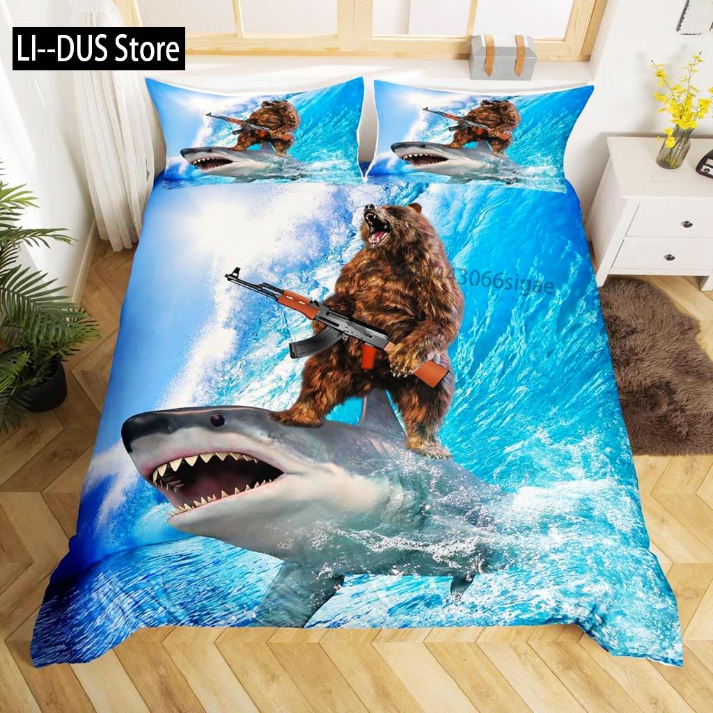 Shark Duvet Cover Set Deep Sea Animal Bedding Set Cartoon Ocean Sharks Colourful Hand Drawn Comforter Cover For Kids Boys Girls